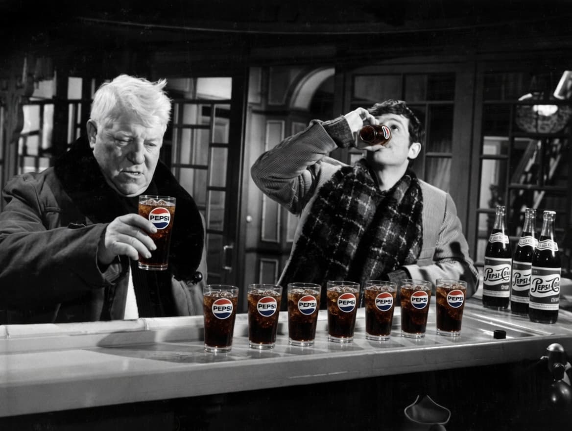 Jean Gabin and Jean-Paul Belmondo at a bar with Pepsi glasses lined up