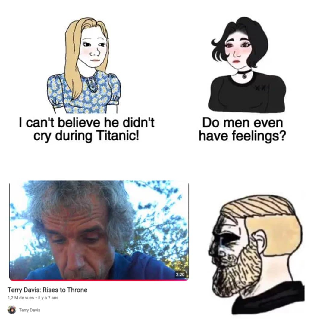 Two panels: women asking 'Do men even have feelings?' above a Chad figure watching a Terry Davis 'Rises to Throne' YouTube video